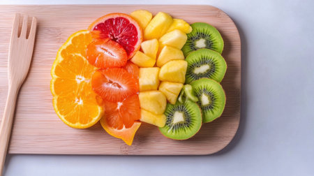 Vibrant brain shape made of fruit slices on clean surface, ideal for health and diet themesの素材