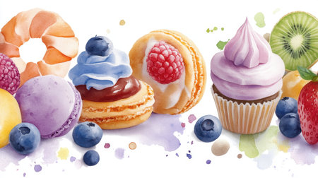 Watercolor spread of sweet food items in vibrant shades, perfect for design projectsの素材