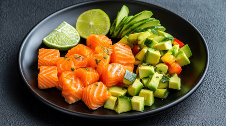Vibrant fresh salmon, avocado chunks, and lime on matte black plate, top viewの素材