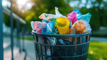 Vivid image of overflowing wrappers and waste around a full trash container on a hot dayの素材