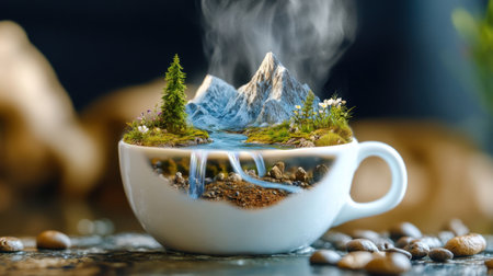 Whimsical landscape with tiny mountains and rivers emerging from inside a steaming coffee cupの素材
