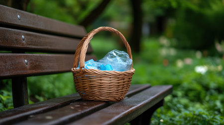 Woven basket with plastic packaging spilling onto a wooden bench in a countryside gardenの素材
