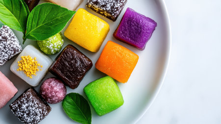 Whimsical plate of multicolored mochi with various textures and flavors, accented with leavesの素材