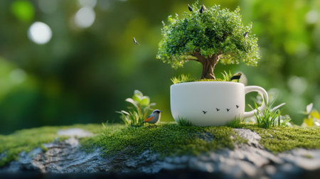 Whimsical scene of tree in mug with birds and grass around, peaceful natural settingの素材