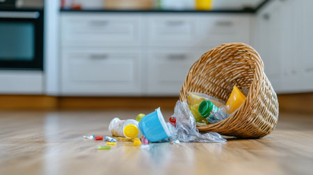 Wicker basket tipped over with plastic containers and wrappers scattered on a kitchen floorの素材