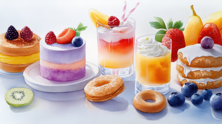 Watercolor painting of cakes, cookies, and fruit snacks in soft pastel tonesの素材