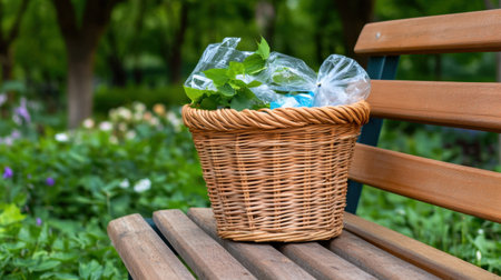 Woven basket with plastic packaging spilling onto a wooden bench in a countryside gardenの素材