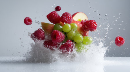 A colorful burst of raspberries, apples, and grapes mid-splash against whiteの素材