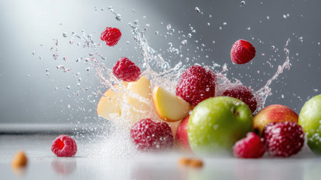 A colorful burst of raspberries, apples, and grapes mid-splash against whiteの素材