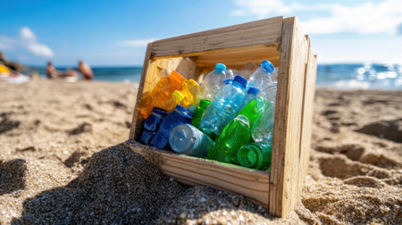 Clear and colored plastic bottles stacked neatly inside a wooden recycle bin at a beach cleanupの素材