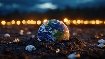 Earth made of clay buried under disposable debris, showing the fragility of our environmentの素材