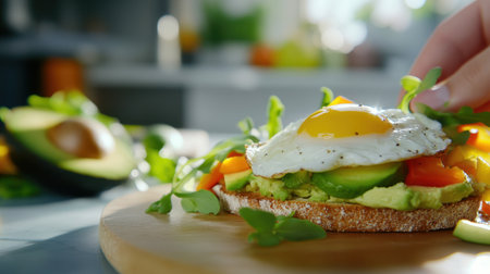 Morning light shining on freshly prepared avocado toast with egg and vibrant veggie toppingsの素材