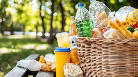 Plastic packaging overflowing a wicker basket on a picnic table, surrounded by snacks and drinksの素材