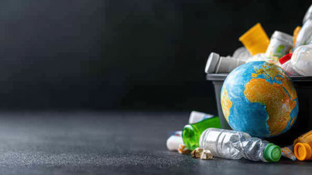 Overflowing bin of single-use items encircling a small Earth, illustrating global waste crisisの素材