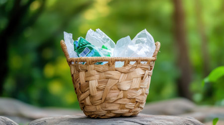 Plastic wrappers poking out of a woven basket in a rustic outdoor settingの素材