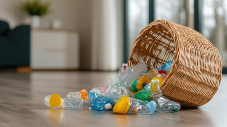 Overloaded wicker basket with plastic waste spilling onto a cozy cottage floorの素材