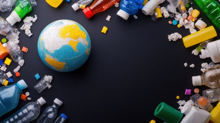 Plastic bottles and containers encircling a globe on a black background, representing toxic impactの素材