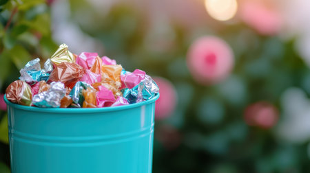 Teal bin in a rose garden, stuffed with bright candy wrappers sparkling in the sunlightの素材