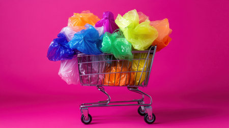 Tiny shopping cart overflowing with colorful plastic bags on bold pink backgroundの素材