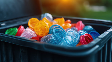 Textured plastic caps glowing against the black of a recycling bin, showing environmental hopeの素材