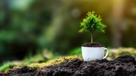 Symbolic image of life and growth, a tree from a coffee cup nestled in the wildの素材