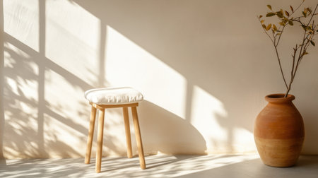 Simple elegance: sunlit stool with white fabric in a minimalistic settingの素材