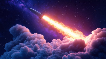 A bright rocket launch cutting through starry skies, glowing cloud swirls below illuminated by engine flare.の素材