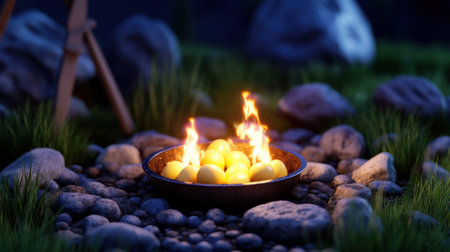 Campfire breakfast scene with golden eggs cooking in a skillet, flames flickering among stones and grassy terrain.の素材