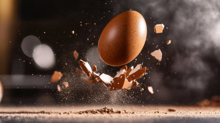 Chocolate egg breaking mid-air, caught in motion, against a smoky dark backdropの素材