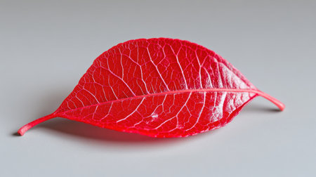 Bright red leaf with lace-like pattern captured in crisp macro on a muted backgroundの素材