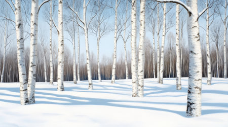 Bare white birch trees in deep snow, creating contrast in a peaceful winter sceneの素材