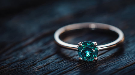 Close-up of a teal gemstone ring on dark, textured wood with moody shadows and highlightsの素材