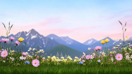 Delicate wildflowers in pastel tones spread across green meadow with mountains in backgroundの素材
