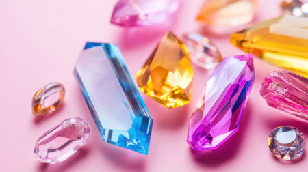 Assorted colorful gemstones in pink, blue, and yellow tones sparkling on a neutral backgroundの素材