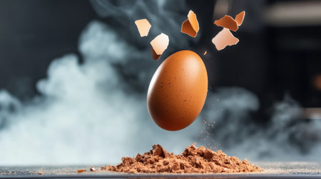 Chocolate egg breaking mid-air, caught in motion, against a smoky dark backdropの素材
