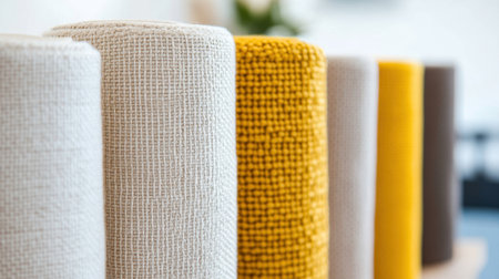 Close-up of decorative fabric rolls in cream and yellow shades, ideal for interior designの素材
