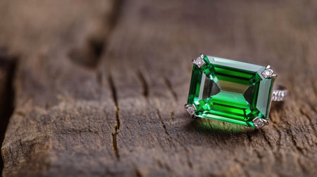 Emerald-cut gemstone with diamonds shining against moody wooden backgroundの素材
