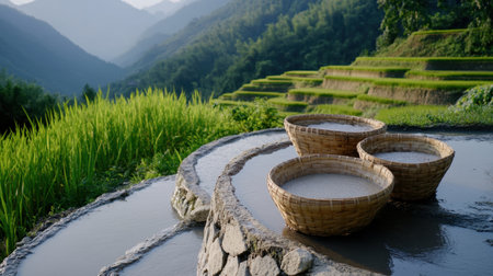 Early morning light washing over Asian rice terraces and full harvest basketsの素材