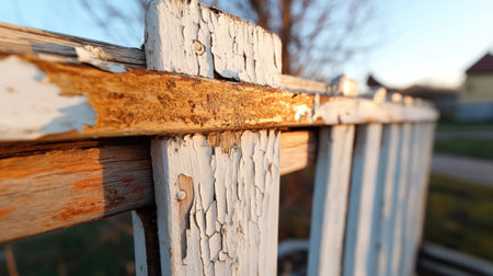 Aged fence with peeling paint and rust patterns, captured in golden hour lightingの素材
