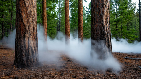 Forest clearing with mist swirling around pine trunks, evoking calm and connection to natureの素材