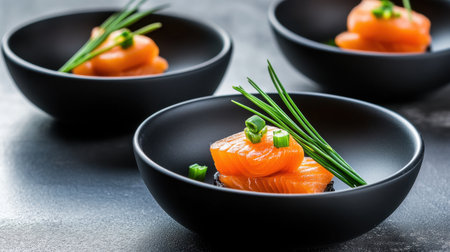 Delicate smoked salmon canap with chives in black bowls, gourmet presentationの素材