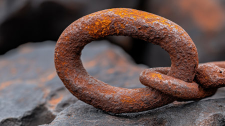 Close-up of rusted iron loop on rough oxidized background, full of grit and decayの素材