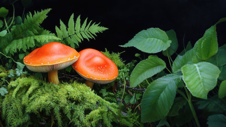 Close-up of orange toadstools nestled in vivid green moss, surrounded by forest texturesの素材