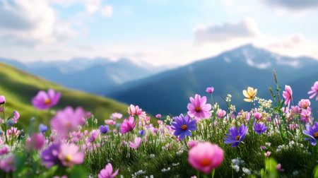 Dreamlike alpine meadow with pastel floral palette and rolling hillsの素材