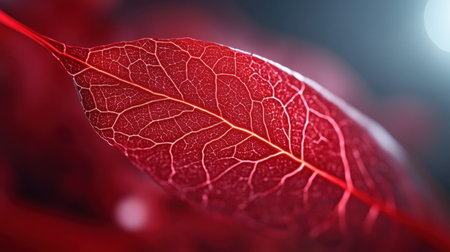 Close-up of delicate red leaf structure glowing in natural light, intricate vein pattern visibleの素材