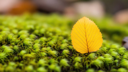 Close-up of lone yellow leaf on rich moss, fall colors meeting forest greensの素材