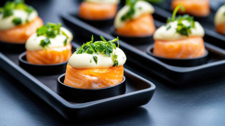 Close-up of savory salmon appetizers with creamy cheese in sleek black servewareの素材