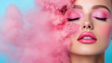 Creative makeup art with pink powder shapes on matte blue backgroundの素材