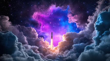 Colorful space rocket blasting off into stars, thick swirling clouds below catching the vibrant light of the launch.の素材
