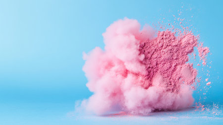 Close-up of pink blush powder forming cloud shapes on vibrant blue backgroundの素材
